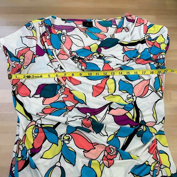 Worthington Top Women Large White Blue Yellow Floral Cowl Neck Draped Stretch - Picture 10 of 10